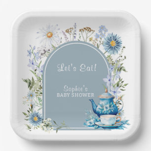 Dusty Blue Time For Tea Boho Garden Baby Shower  Paper Plate