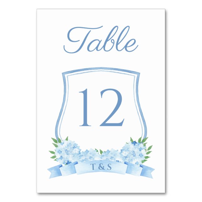 Dusty Blue Timeless Hydrangea Crest Wedding Table Number (Front)