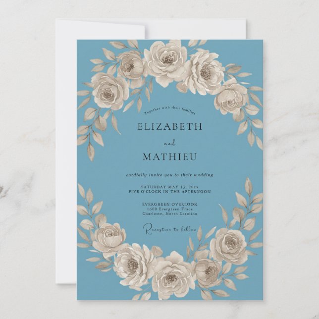 Dusty Blue Timeless Rose Wedding Invitation (Front)
