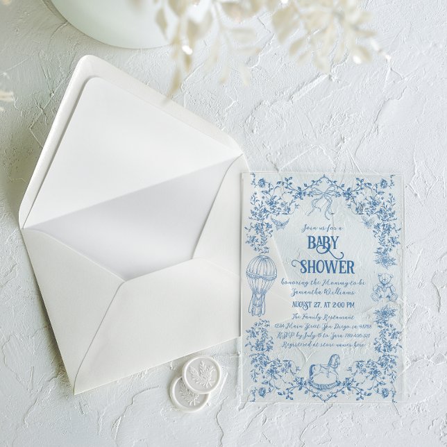 Dusty Blue Toile Floral Bow Baby Boy Shower Acrylic Invitations (Creator Uploaded)