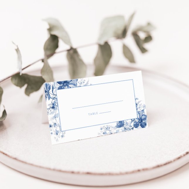 Dusty Blue Toile Floral Folded Wedding Place Card (Creator Uploaded)