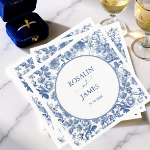 Dusty Blue Toile Floral Personalized Wedding Napkin