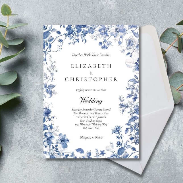 Dusty Blue Toile Floral Watercolor Elegant Wedding Invitation (Dusty Blue Toile Floral Watercolor Elegant Wedding invitation)