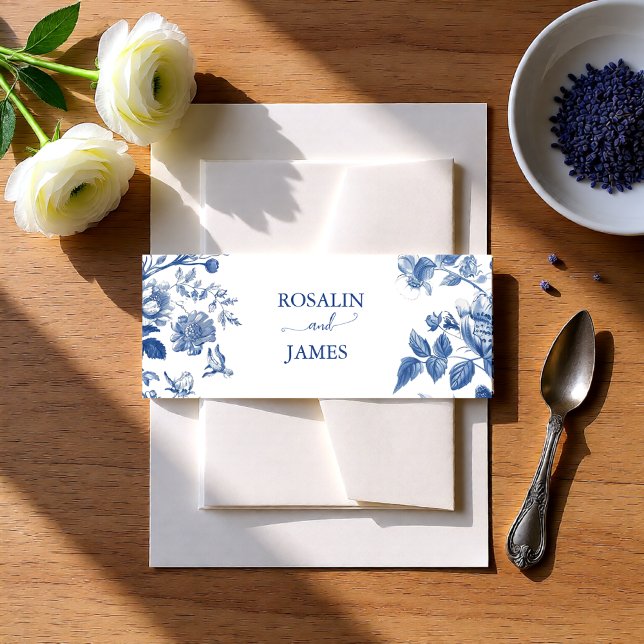 Dusty Blue Toile Floral Wedding Invitation Belly Band (Dusty Blue Toile Floral Wedding Invitation Belly Band)