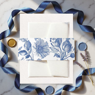 Dusty Blue Toile Floral Wedding Invitation Belly Band