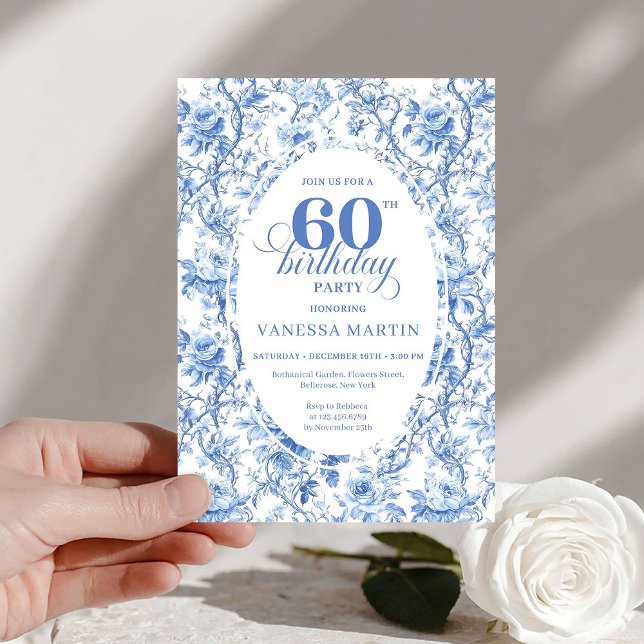 Dusty Blue Toile Roses 60th Birthday Digital  Invitation (Dusty Blue Toile Roses 60th Birthday Digital Invite

)