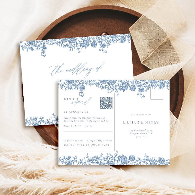 Dusty Blue Toile Roses Elegant QR Wedding Response Postcard (dusty blue wedding rsvp postcard qr toile de jouy chinoiserie french vintage floral frame modern)