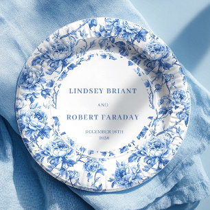 Dusty blue toile roses wedding celebration plates