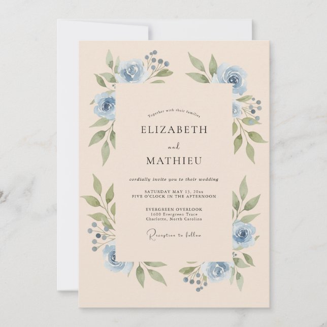 Dusty Blue Tranquil Floral Wedding Invitation (Front)
