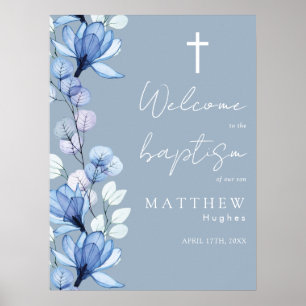 Dusty Blue Transparent Floral Baptism Welcome Sign