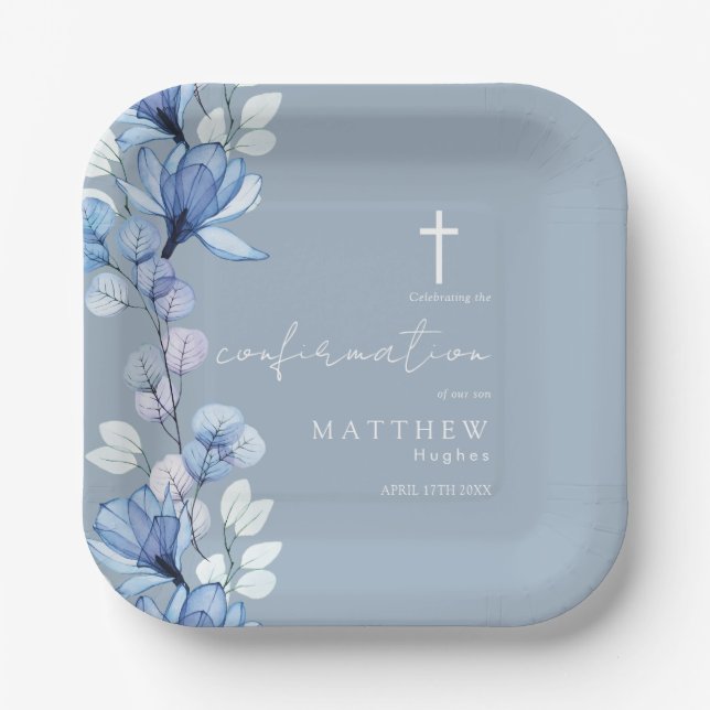 Dusty Blue Transparent Floral Confirmation Paper Plate (Front)