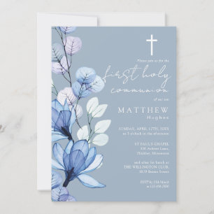 Dusty Blue Transparent Floral First Holy Communion Invitation