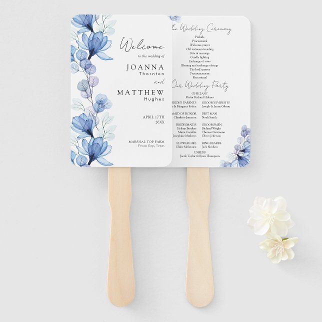 Dusty Blue Transparent Floral Wedding Program Hand Fan (Front and Back)