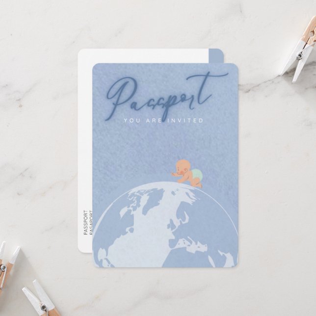 Dusty blue travel passport boy baby shower  invitation (Front/Back In Situ)