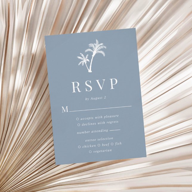 Dusty Blue Tropical Beach Palm Tree Wedding RSVP Card (Creator Uploaded)