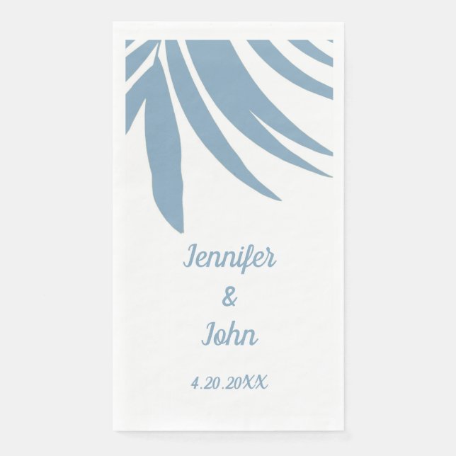 Dusty Blue Tropical Palm Leaf Beach Wedding Napkin (Front)