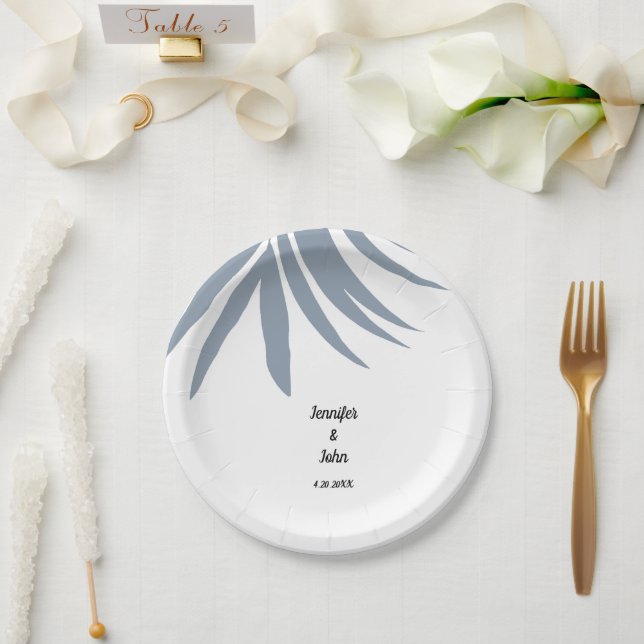 Dusty Blue Tropical Palm Leaf Elegant Cool Wedding Paper Plate (Wedding)