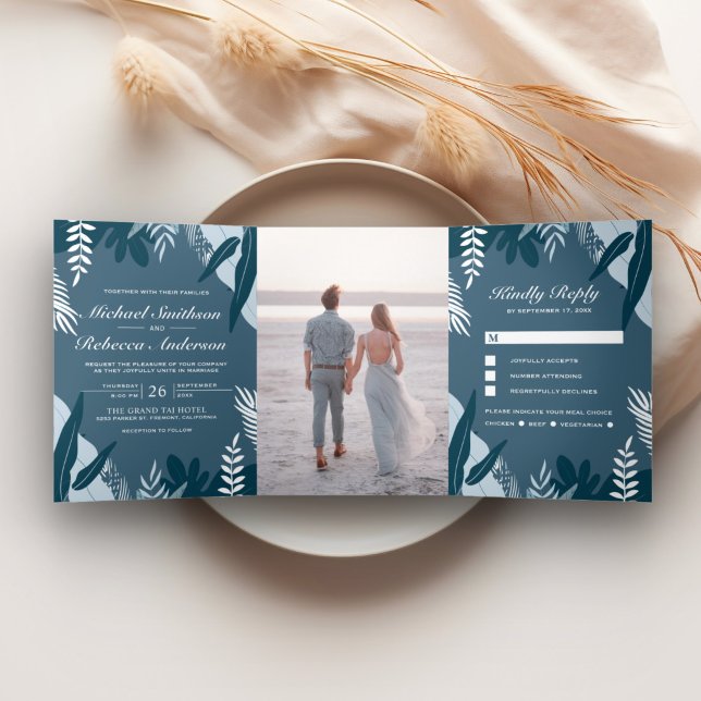 Dusty Blue Tropical Palm Leaves All in One Wedding Tri-Fold Invitation (Creator Uploaded)