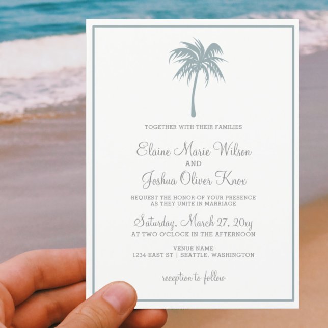 Dusty Blue Tropical Palm Tree Invitations de maria (Créateur téléchargé)