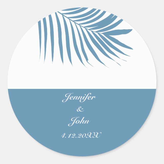 Dusty Blue Tropical Palm Tree Leaf Cool Wedding Classic Round Sticker (Front)