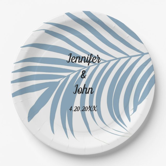 Dusty Blue Tropical Palm Tree Leaf Cute Wedding Paper Plate (Front)
