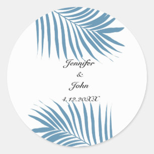 Dusty Blue Tropical Palm Tree Leaves Name Wedding Classic Round Sticker
