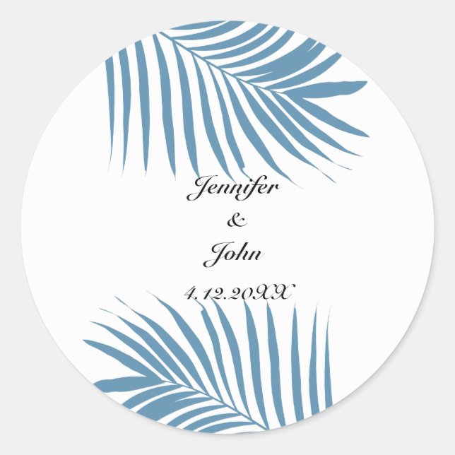 Dusty Blue Tropical Palm Tree Leaves Name Wedding Classic Round Sticker (Front)