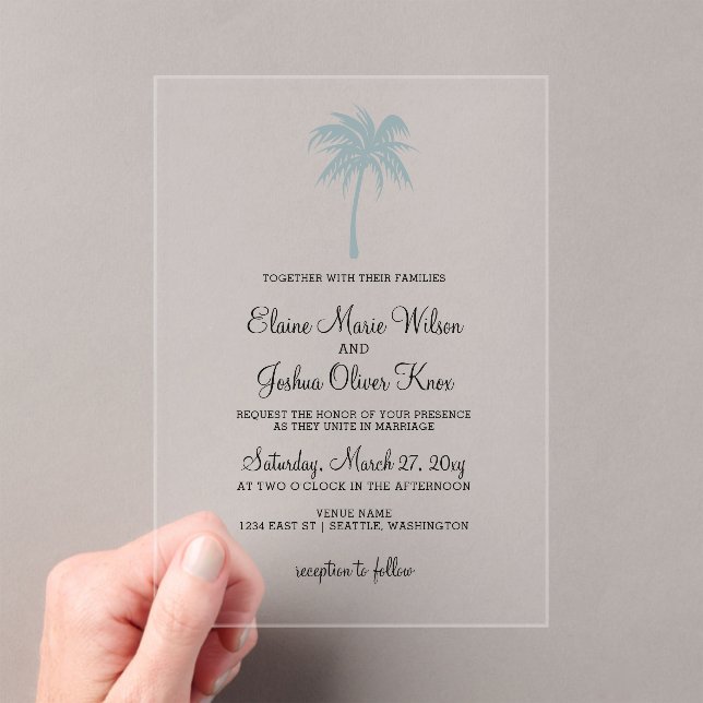 Dusty Blue Tropical Palm Tree Wedding Invitations (Insitu (Handheld))