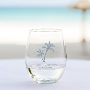 Dusty Blue Tropical Palm Trees Beach Wedding Stemless Wine Glass
