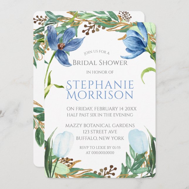 Dusty Blue Tulip Peony Invitations de douche nupti (Devant / Derrière)