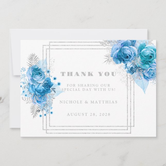 Dusty Blue Turquoise Silver Peony Merci Cartes (Devant)