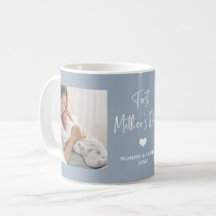 Dusty Blue Two Photo Script First Mother's Day Coffee Mug