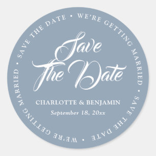 Dusty Blue Typography Script Wedding Save The Date Classic Round Sticker