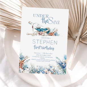 Dusty Blue Under the Sea Cute 1st Birthday Party Invitation