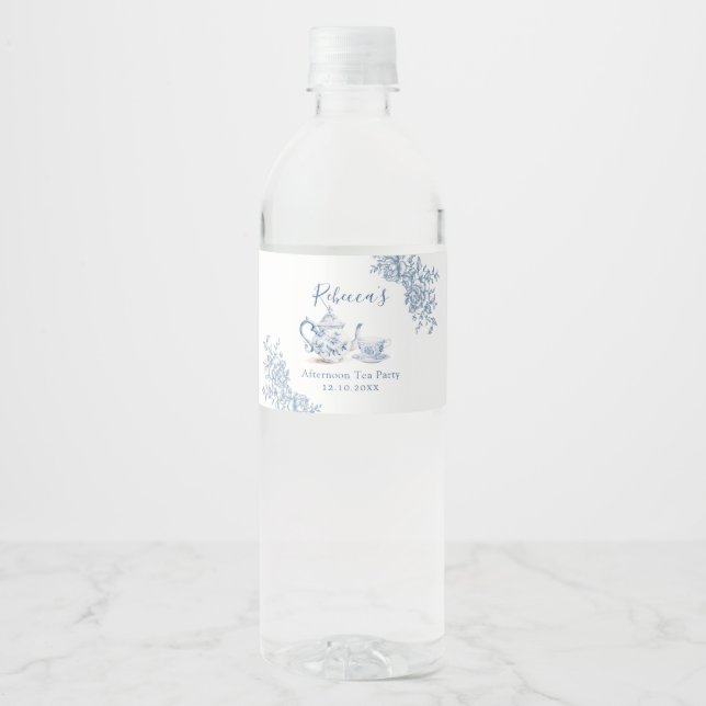 Dusty Blue Victorian Garden Afternoon Tea Water Bottle Label (Front)