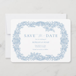 Dusty Blue Vintage Baroque Floral Save the Date Invitation