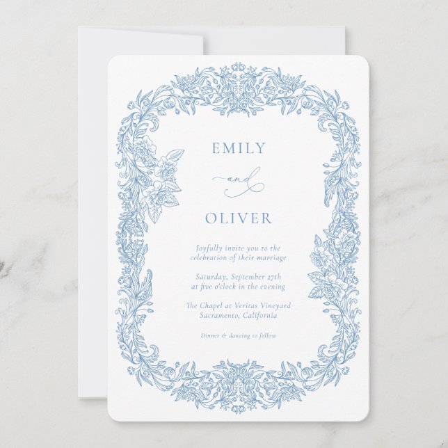 Dusty Blue Vintage Baroque Floral Wedding Invitation (Front)
