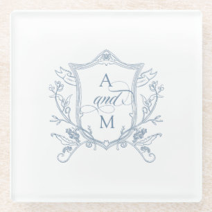 Dusty Blue Vintage Crest Wedding Glass Coaster