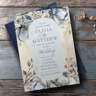 Dusty Blue Vintage Floral Elegant Wedding Invitation