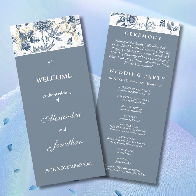 Dusty Blue Vintage Floral French Wedding Program (Creator Uploaded)