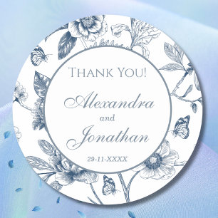 Dusty Blue Vintage Floral French Wedding Thank You Classic Round Sticker