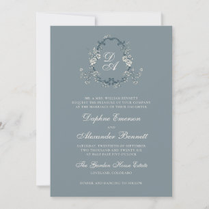 Dusty Blue Vintage Floral Monogrammed Wedding Invitation