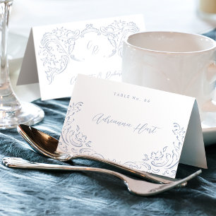 Dusty Blue Vintage Flourish Foldable Place Card