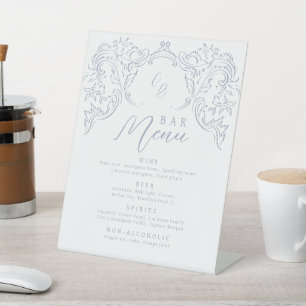 Dusty Blue Vintage Flourish Monogram Bar Menu Pedestal Sign