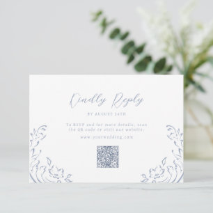 Dusty Blue Vintage Flourish QR code wedding RSVP Card