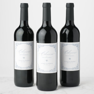 Dusty Blue Vintage Frame Elegant Cheers Wedding Wine Label