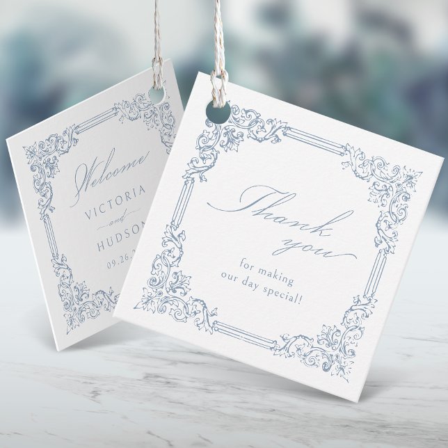 Dusty Blue Vintage Frame Elegant Script Wedding Favour Tags (Dusty Blue Vintage Frame Elegant Script Wedding Favor Tags)