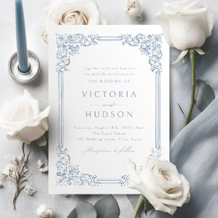 Dusty Blue Vintage Frame Elegant Wedding Invitation