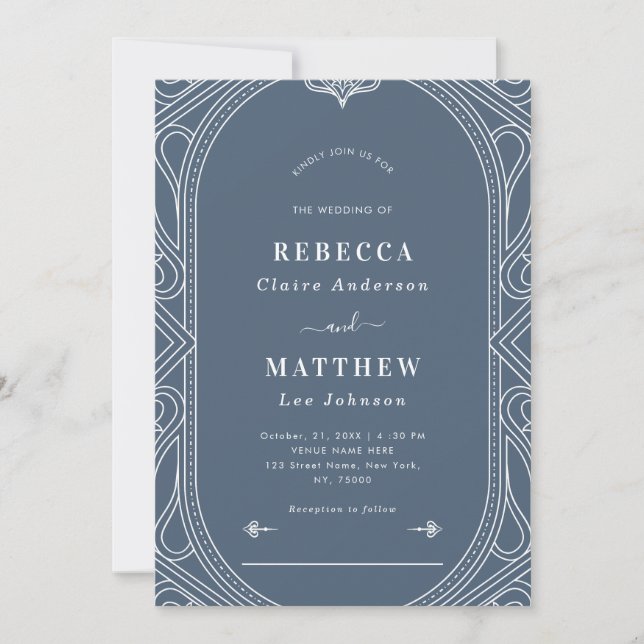 Dusty Blue Vintage Modern Deco Geometric Wedding Invitation (Front)