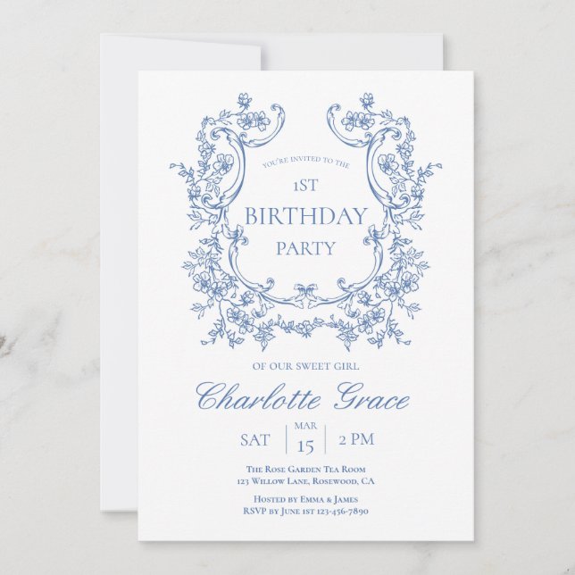 Dusty Blue Vintage Monogramme Invitation d'anniver (Devant)